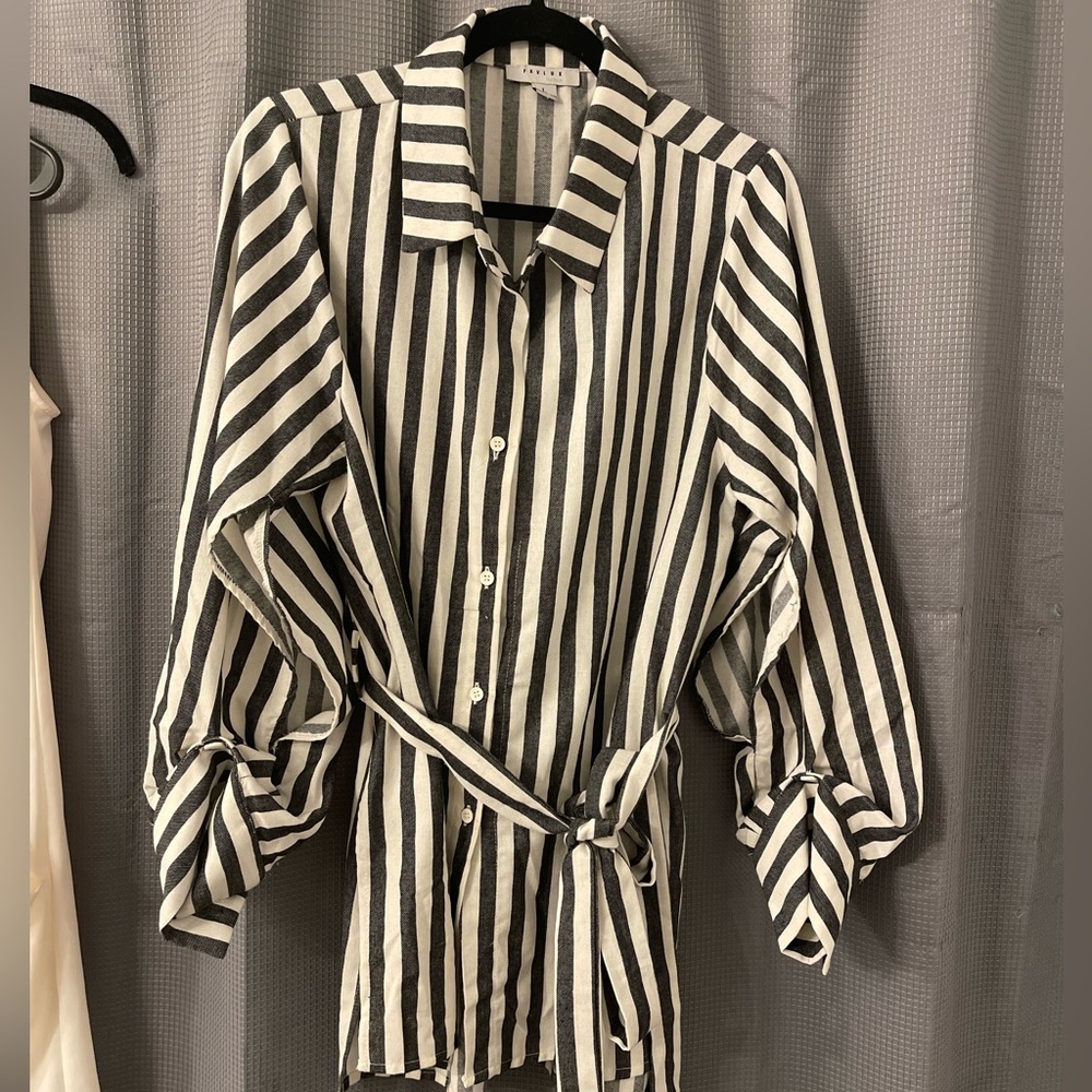 Black and white striped button up, size L; never worn
